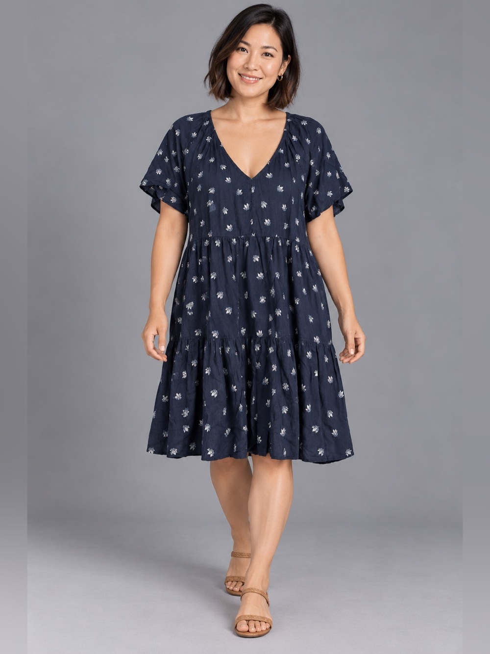 Navy Floral Tiered V-Neck Dress Petite Large LP Flowy - Picture 1 of 5